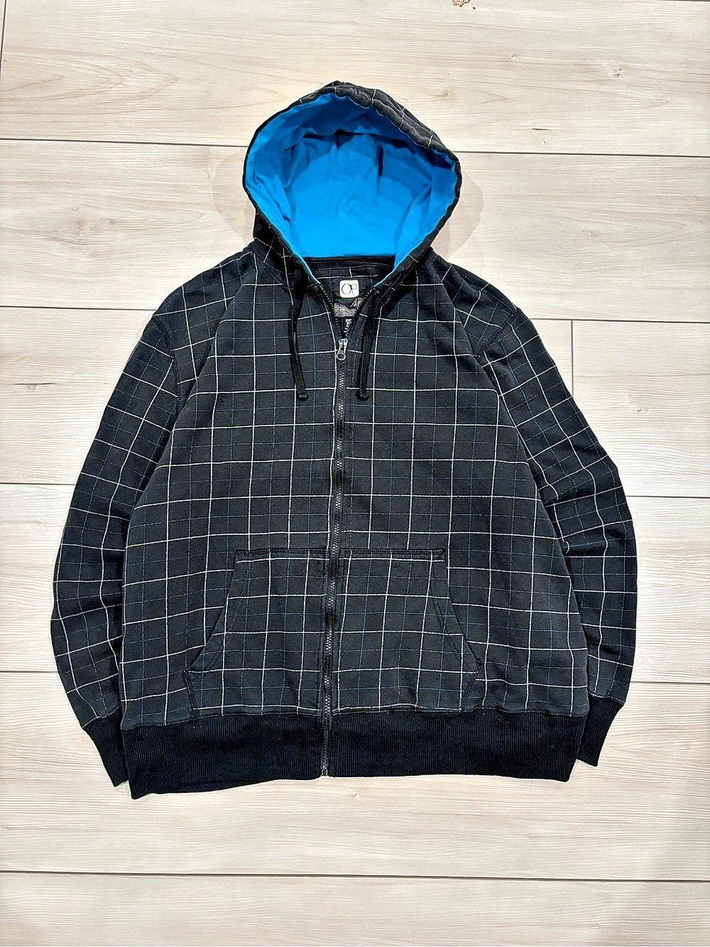 Y2K Ocean Pacific OP Plaid Grid Zip Up Hoodie Checkered Jacket Black & Blue 2XL